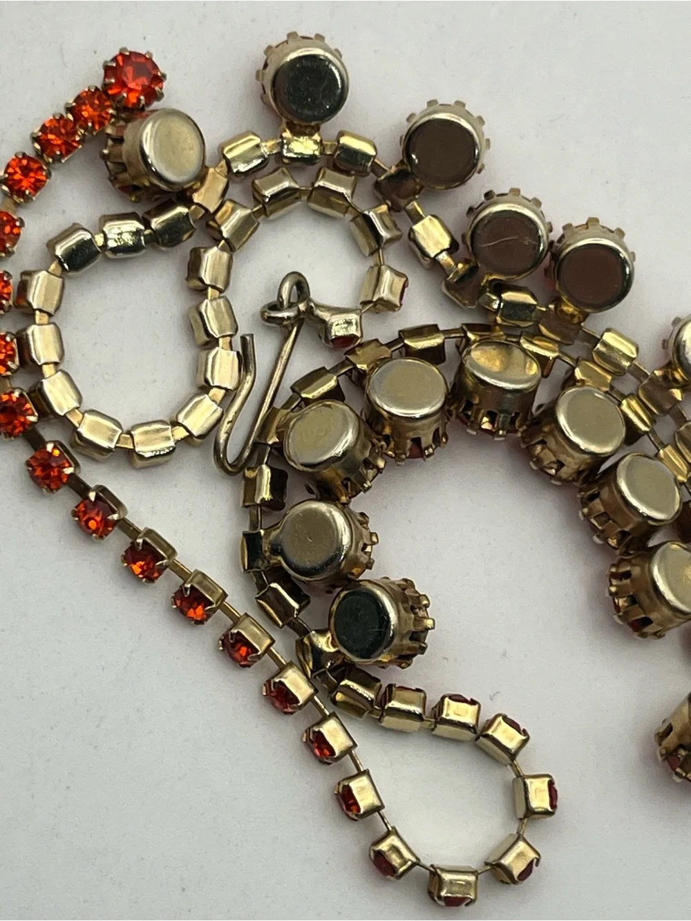 Orange rhinestone tennis necklace gold tone vintage sparkly
